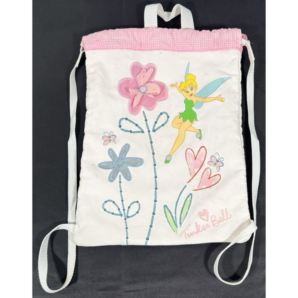 Disney Tinker Bell Drawstring Backpack Kids White Pink Embroidered Canvas